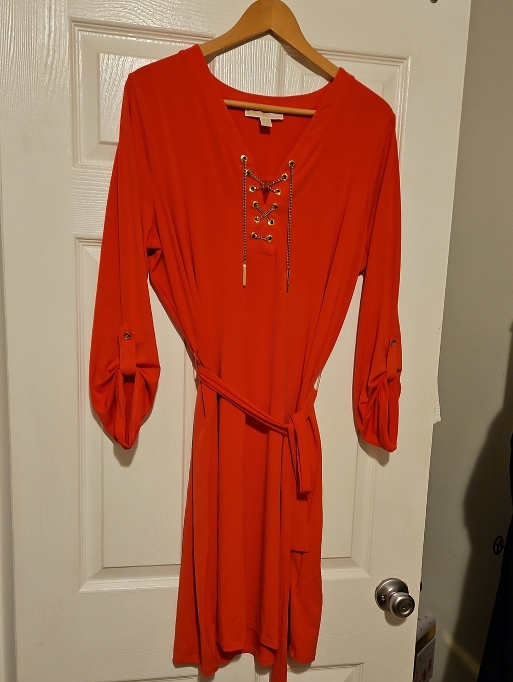 Michael Kors Orange Lace-Up Midi Dress with Self Tie Belt
